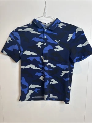 Puma Kid’s Blue Black Gray Camo Design Golf Polo. Youth Small - Image 1 of 4