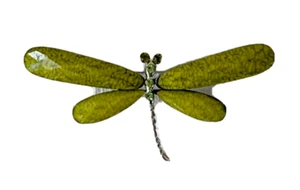 Dragonfly Brooch Pin Large Jewelry Green Enamel & Rhinestone Silver Tone Backing - Picture 1 of 3