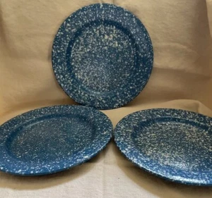 Set Of 3 Blue And White Speckled Enamelware 8” Plate - Picture 1 of 6