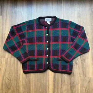 Vintage Tally Ho Cardigan Sweater Red Green Plaid Tartan Womens Petite Medium PM - Picture 1 of 7