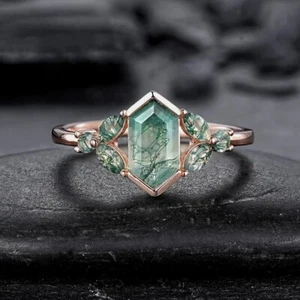 Solid 925 Sterling Silver Women Moss Agate Ring Wedding Band Ring Birthday Gift - Picture 1 of 10