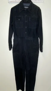 J Peterman Company Black Suede 100% Leather Long Jumpsuit Romper Womens Large - Picture 1 of 13