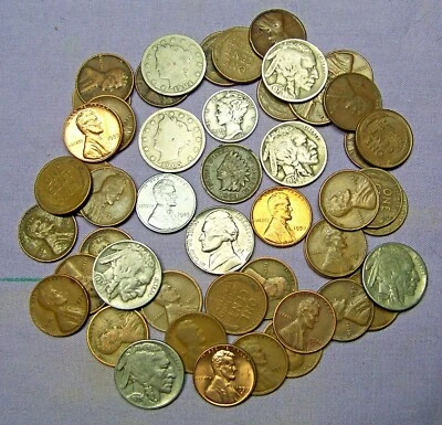 MIX  Lot of  60  OLD U.S. Coins with A UNC 1943 Steel Cent & Silver Dime - Image 1 of 4