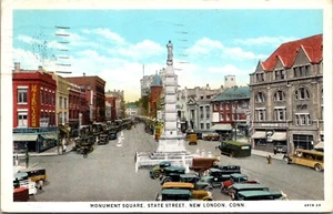 New London Connecticut CT Monument Square United Cigars Tracks Cars Postcard - Picture 1 of 2