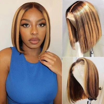💗4/27 Peluca Highlight Ombre Bob Cabello Humano 13x4 Rubio Miel HD Pelucas Frontales de Encaje Foto 1 de 4
