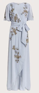 MONSOON 'SARAH' LIGHT BLUE FLORAL SEQUIN DESIGN WRAP DRESS, UK 20 **** - Picture 1 of 4