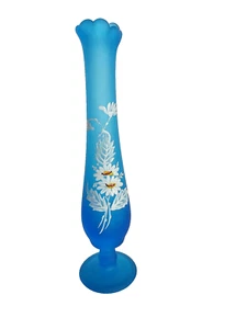 Vintage Westmoreland Blue Frosted Hand Painted Daisies Glass Swung Vase *10" - Picture 1 of 1
