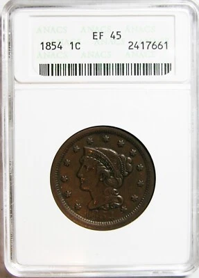 1854 Large Cent ANACS EF-45 "Soapbox Slab" - Image 1 of 2