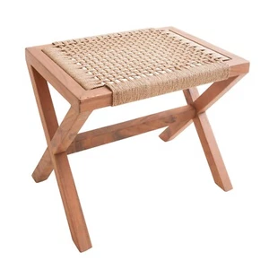 Hocker Sitzhocker Schemel eckig braun Massivholz mit geflochtenem Sitz Soeji® - Bild 1 von 7