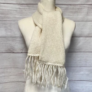 Vintage 80s Wool Blend Beige Knit Ski Scarf Fringe Paris Accessories 7x48 - Picture 1 of 9