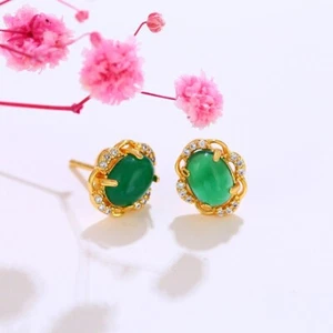 24k Gold-Plated Women's Stud Earrings With Natural Emerald Green Malay Jade - Picture 1 of 3