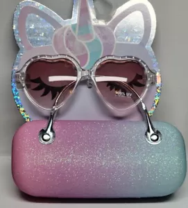 Girls Kids Heart Shaped Unicorn Color 100%UV Protection Sunglasses W/ Hard Case - Picture 1 of 4