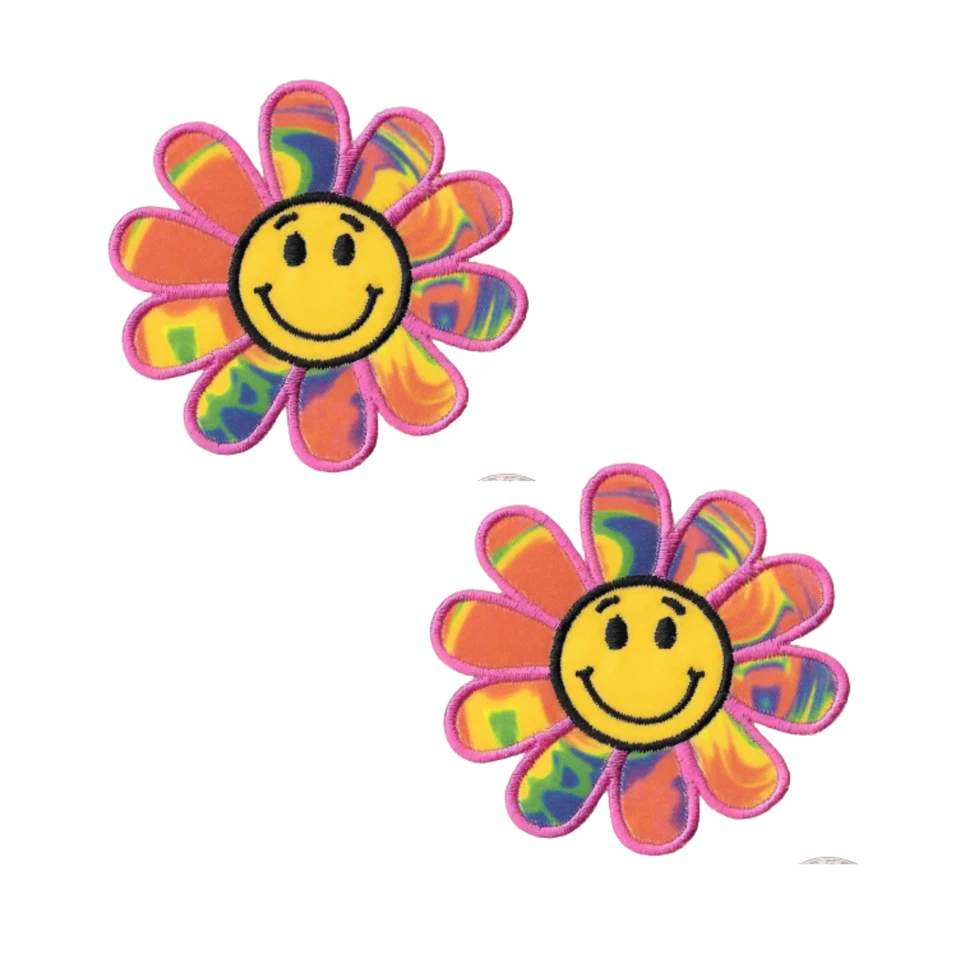 Happy Face Rainbow Daisy (2-Pack) Embroidered Flower Iron On Patch - Image 1 of 4