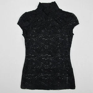 Y2K Express Whimsigoth dunkel romantisch Netz Top Damen XS schwarz Blumen Stehkragen - Bild 1 von 8