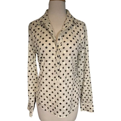 Blusa J.Crew Negra y Crema Lunares Pequeña 100% Algodón Transparente 3/4 Botones Frontales Foto 1 de 4