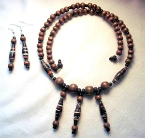 2 PC Set Choker Necklace & Earrings Brown Black Recycled Paper Bead Scrap Ditty - Picture 1 of 4