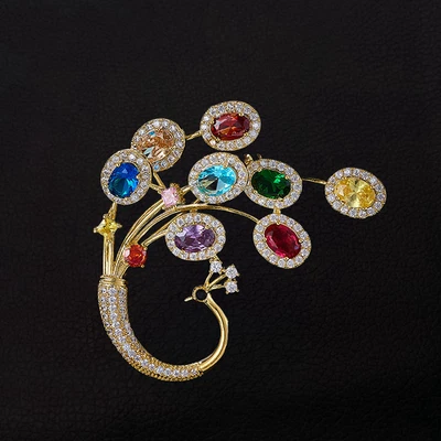 Broche prendedor chapado en oro amarillo color mezclado circonita cúbica circonita cúbica pavo real Foto 1 de 3