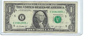 $1 One Dollar Bill Fancy Note TRINARY 2 TRIPLES 4 of a Kind Serial # E33343555J - Picture 1 of 3