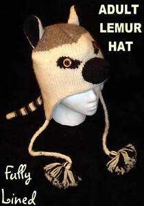deLux LEMUR HAT Knit animal cat mens womens ski cap Costume ADULT fleece LINED