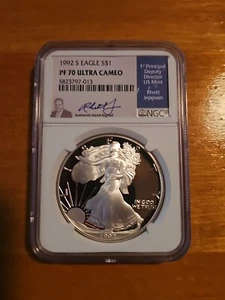 1992-S PROOF SILVER EAGLE NGC PF70 ULTRA CAMEO Rhett Jeppson Signature - Picture 1 of 2