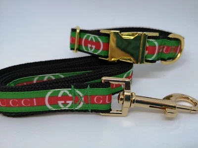 Dog Collar and Lead. 15" - 22 " neck size.  FREE FABRIC DESIGN Gold Metal Buckle - Image 1 of 4