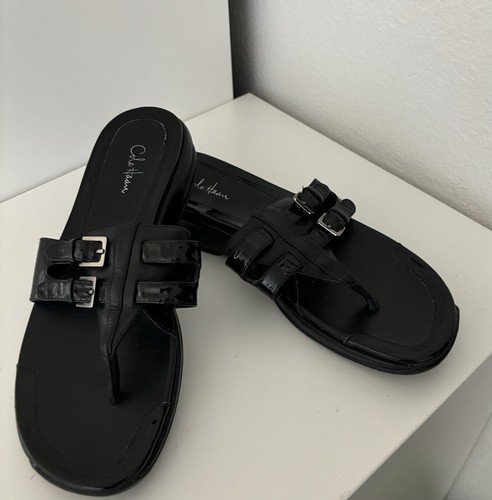 NIKE Cole Haan DONNA 8 sandali neri in pelle verniciata Beatrix perizoma fibbia infradito