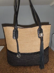 New BRIGHTON Madagascar Palma Large Black/Natural Raffia Straw Tote - Picture 1 of 10