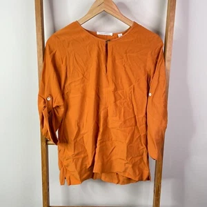 Trenery Blouse Top Womens 2XS Orange Roll Tab Sleeve Keyhole Crew Neck Casual - Picture 1 of 11