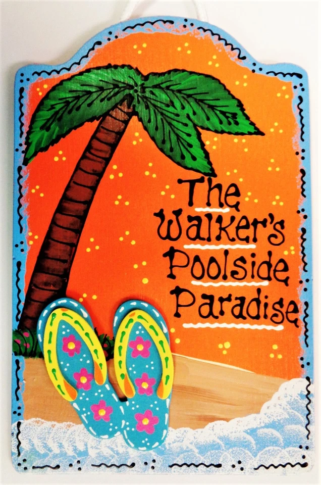 Chanclas POOLSIDE PARADISE Personalizar Nombre SIGNO Colgador de Pared Placa Cubierta Piscina Foto 1 de 1