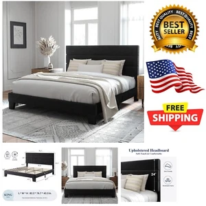 Sturdy King Size Bed Frame with Velvet Upholstered Headboard – Easy Assembly - Picture 1 of 10