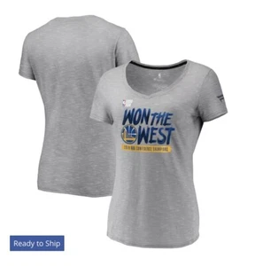 Fanatics Golden State Warriors Won The West V-Neck T-Shirt Gray Women's SMALL - Picture 1 of 4