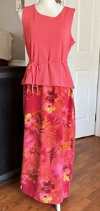 Vtg Fashion Bug Maxi Dress Womens 14 Coral Pink Faux 2 Pc Floral Tropic Beachy - Picture 1 of 12