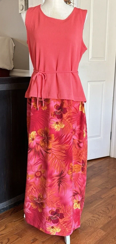 Maxi Vestido De Colección Moda Bug Para Mujer 14 Coral Rosa Imitación 2 Piezas Floral Trópico Playa Foto 1 de 4