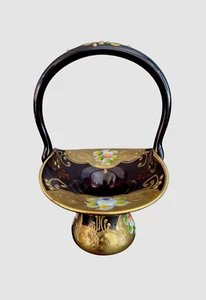 FENTON LILA AMETHYST GLASKORB mit GRIFF & GOLD VERGOLDET & handbemalte Flora - Bild 1 von 4