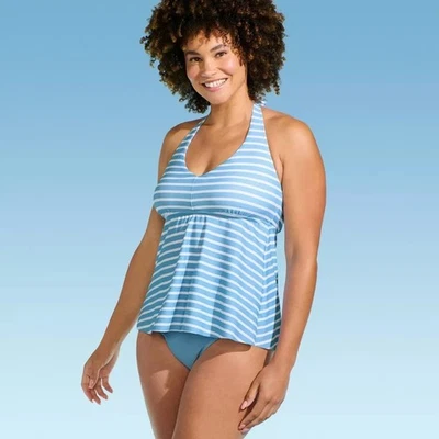 Camiseta de natación Tankini Lands' End azul claro a rayas con correa halter - talla XL 18 Foto 1 de 4