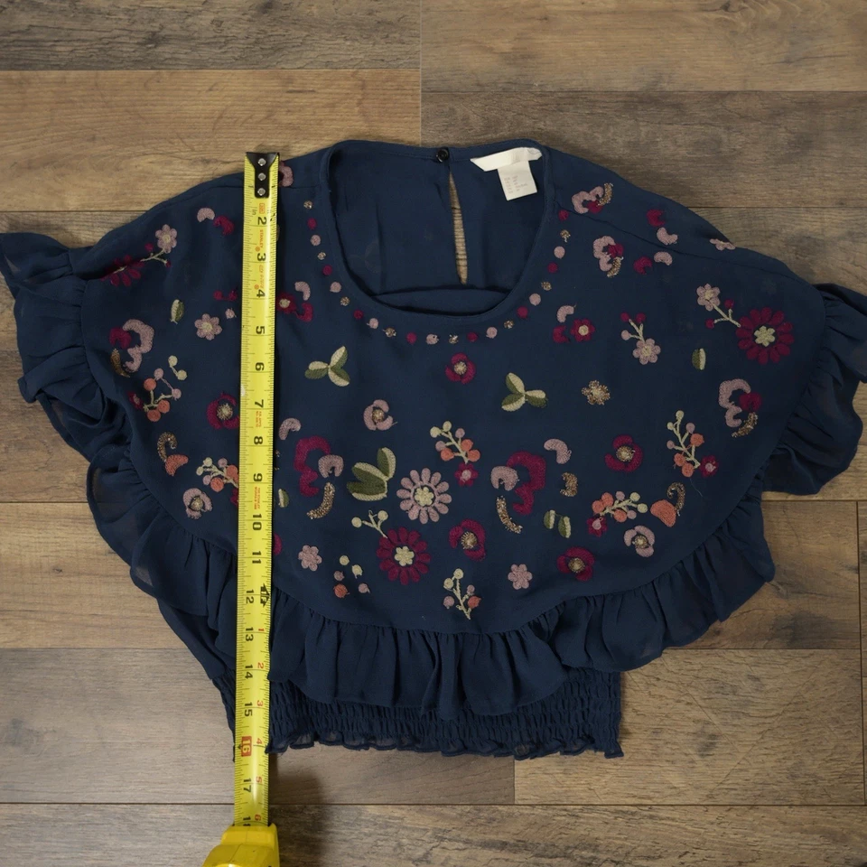 Blusa corta H&M para mujer 4P verde azulado oscuro floral con volantes de gasa cintura elástica Foto 1 de 4