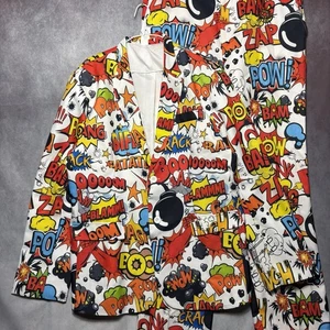 Auffallender Herren Anzug Comic Print Blazer & Hose Set L Cartoon Kostüm Halloween - Bild 1 von 24