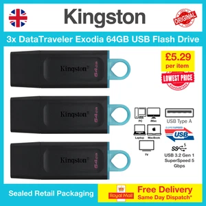 3x Kingston DataTraveler Exodia 64GB Memory Stick USB 3.2 Flash Drive, FREE Deli - Picture 1 of 3