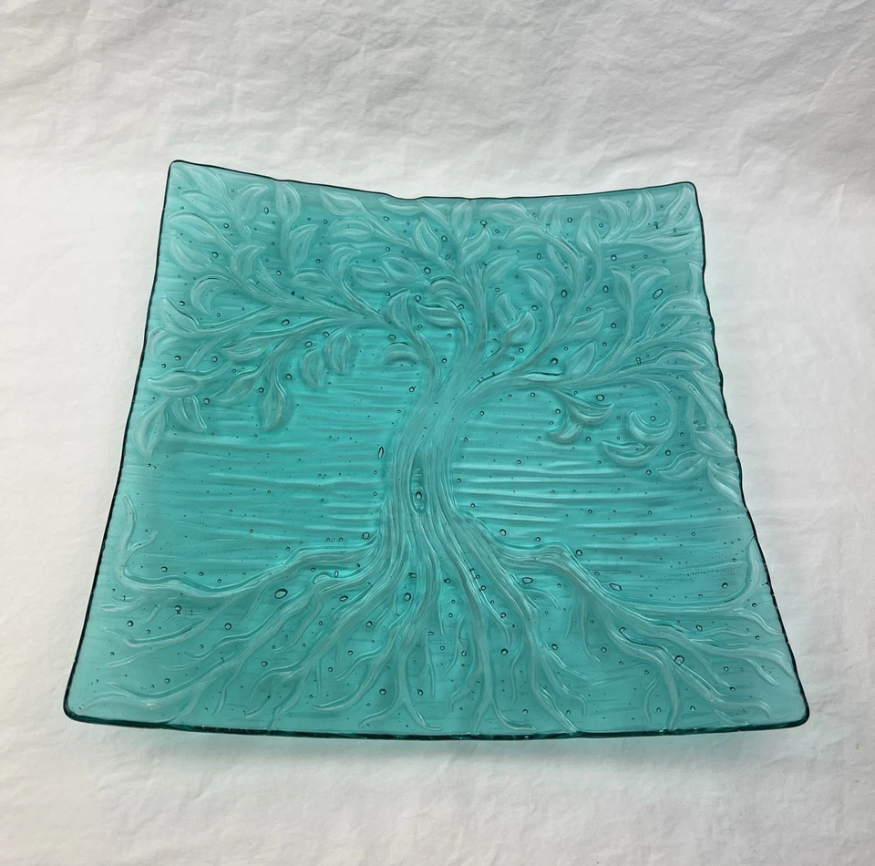 Árbol de la Vida Arte Vidrio 11x11 Placa en Relieve Azul Agua Bandeja Transparente Art Deco Foto 1 de 4