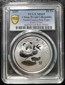 Moneda Panda Plata China 1oz PCGS MS69 2000 - Guangzhou Coin Expo - Imagen 1 de 4