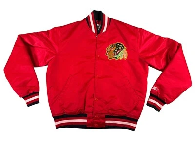 Chaqueta De Colección Starter Chicago Blackhawks Para Hombres Talla Mediana Roja Satén Logo Forrada Foto 1 de 4