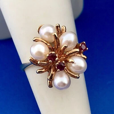 Vintage 14k Yellow Gold Ruby Pearl Cluster Modernist Free Form Cocktail Ring - Image 1 of 4