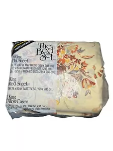 THE BED SET King Sheet Vintage New 4 Piece Set Brown &Rustic Orange Floral USA - Picture 1 of 7