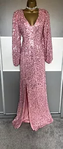 Elegant Pink Sequin Evening Cruise Wedding Party Prom Cocktail Maxi Dress Sz 10 - Picture 1 of 4