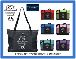 LET US NOT LOVE RELIGIOUS BIBLE VERSE 1 JOHN 3:18 BIRD HEART TOTE PURSE BAG ZIPS - Picture 1 of 7