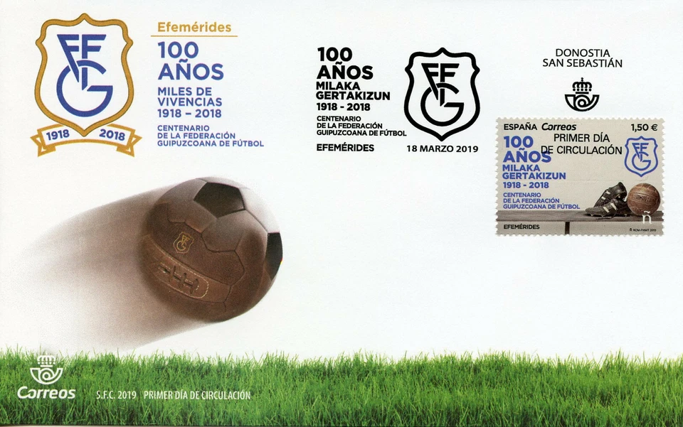 Spain 2019 FDC Federacion Guipuzcoana de Futbol 1v Cover Football Soccer Stamps - Image 1 of 1