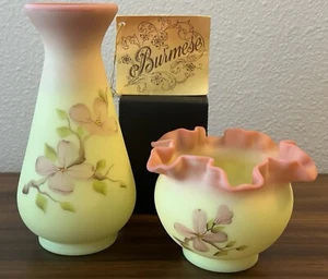 Vtg Fenton Burmese glass 7.5” Vase & 3.5” Ruffled Edge Vase. Hand-Painted.Signed - Picture 1 of 15
