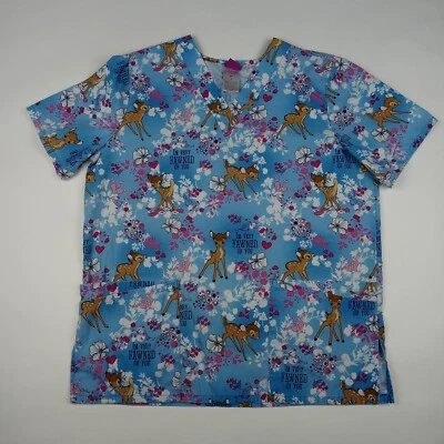 DISNEY Bambi V-Neck Scrub Top Shirt Cartoon Character Deer Adult Size Small - Image 1 of 4
