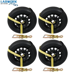 4x Car Tie Down W/ Snap Hooks Lasso Style 2"x96" Yellow 3300lb Universal Fitment - Picture 1 of 24