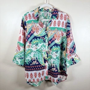 Chico's No Iron 100% Linen Button Shirt Women's 2 (12/14) Fusion Print Boho NWT - Picture 1 of 9